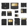 Black modern digital memory cards set realistic vector illustration. Micro SD electronic flash drive
