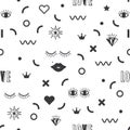 Black modern geometrical and fun symbol icons pattern on white background