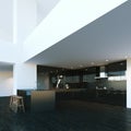 Black modern kitchen furniture in big interior. 3d render Royalty Free Stock Photo