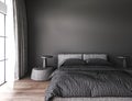 Black modern minimalism interior of stylish master bedroom with wooden floor, comfortable king size bed and large window Royalty Free Stock Photo