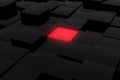 Black modern shiny abstract geometrical cube array pattern background with red glowing center cube, idea, focus or leadership