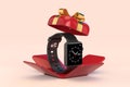 Black Modern Smart Watch with Strap in Opened Red Gift Box with Golden Ribbon. 3d Rendering Royalty Free Stock Photo