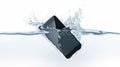 Black modern smartphone fall in water, 3d rendering.