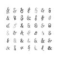 Black modern and trendy thin line stylized and isolated ampersand icons set on white