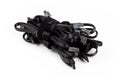 Black modular power supply unit cables set, psu cords put together isolated on white. Many power cables, modern pc assembly parts