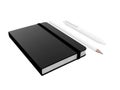Black moleskine or notebook with pen and pencil and a black strap front or top view isolated on a white background 3d rendering
