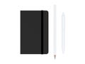 Black moleskine or notebook with pen and pencil and a black strap front or top view isolated on a white background 3d rendering