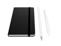 Black moleskine with pen and pencil and a black strap front or top view isolated on a white background 3d rendering