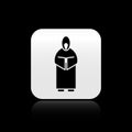 Black Monk icon isolated on black background. Silver square button. Vector Illustration