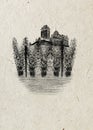 Black monogram medieval Czech castle and hop-garden drawn by hand on beige rice paper background.