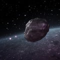 Black monolith floating in space galaxy background. Flying asteroid, meteorite on white stars background. AI generative Royalty Free Stock Photo