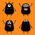 Black monster silhouette set. Cute cartoon scary character. Baby collection. Eyes, tongue, hands up. . Orange background. Royalty Free Stock Photo