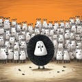 Dreamlike Illustration Of A Surrealistic White Sheep In A Crowd