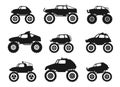 Black monster truck icons. Diesel 4x4 off road vehicle with tires, wheels and exhaust, turbo diesel truck with flat bumpers and Royalty Free Stock Photo