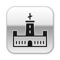 Black Montjuic castle icon isolated on white background. Barcelona, Spain. Silver square button. Vector Royalty Free Stock Photo