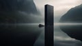 Black Monument On Mountain Lake: Soft Edges, Atmospheric Effects, Norwegian Nature