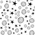 Black moon star seamless Halloween on white background. Night stars pattern vector background. Baby illustration. Space travel. Royalty Free Stock Photo