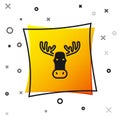 Black Moose head with horns icon isolated on white background. Yellow square button. Vector Royalty Free Stock Photo