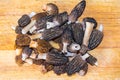 Black morels on the wooden table