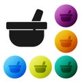 Black Mortar and pestle icon isolated on white background. Set icons in color circle buttons. Vector Royalty Free Stock Photo