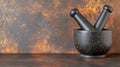 Black mortar pestles rustic background kitchen cooking Royalty Free Stock Photo