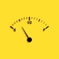 Black Motor gas gauge icon isolated on yellow background. Empty fuel meter. Full tank indication. Long shadow style