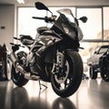 Black motorbike in showroom, created using generative ai technology Royalty Free Stock Photo