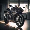 Black motorbike in showroom, created using generative ai technology Royalty Free Stock Photo