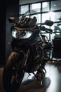 Black motorbike in showroom, created using generative ai technology Royalty Free Stock Photo