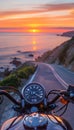 Black motorcycle speedometer with ocean sunset and open road a captivating adventure scene Royalty Free Stock Photo
