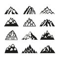 Black mountain silhouettes. Mountains range with peak stencil cut, isolated hill and rock. Landscape elements, hiking