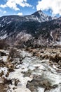 Black mountain with snow on the top. On the ground is frozen river with stone, ice, yellow grass and Tibetan prayer flags. Royalty Free Stock Photo