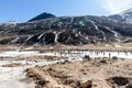 Black mountain witn snow and below with tourists on the ground with brown grass, snow and frozen pond in winter at Zero Point. Royalty Free Stock Photo