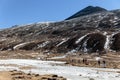 Black mountain witn snow and below with tourists on the ground with brown grass, snow and frozen pond in winter at Zero Point. Royalty Free Stock Photo