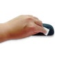 Black mouse device wipe by hand of woman on white background with clipping path