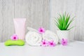 Toothbrushes, soap and two towels. Rose flowers aromatherapy home Royalty Free Stock Photo