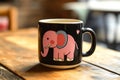 Black mug featuring a cute pink elephant design, resting on a rustic wooden table Royalty Free Stock Photo