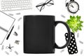 Black mug mock up Office school props supplies white background Royalty Free Stock Photo