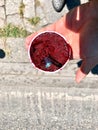 Black Mulberry Ice Cream Holding in Hand with Plastic Cup at Street / Take Away Sorbet Royalty Free Stock Photo