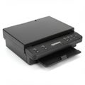 A black multifunction printer featuring a flatbed scanner on top, a control panel with a