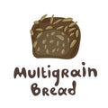 Black multigrain bread. Vector drawing of rye bread. Cute flat style. Funny clipart stock illustration. Icon for menu