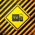 Black Multimedia and TV box receiver and player with remote controller icon isolated on yellow background. Warning sign