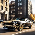 Black muscle car, with a golden engine in the front, sunny city conditions