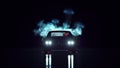 Black Muscle Car 1960s Vintage 1980s Crime Thriller Style with Smoke and Wet Floor Reflections