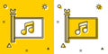 Black Music festival, access, flag, music note icon isolated on yellow and white background. Random dynamic shapes