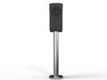 Black music loudspeaker on chrome stand - front view
