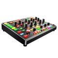 A black music mixer with numerous knobs and buttons is shown in a three-quarter view Royalty Free Stock Photo