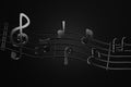 3D render Black music notes and wave music lines in darkness background. Royalty Free Stock Photo