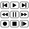 Black music player buttons in frames for music or video applications