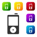 Black Music player icon isolated on white background. Portable music device. Set icons in color square buttons. Vector Royalty Free Stock Photo